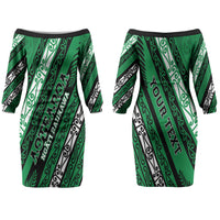 Personalised Aotearoa Ngati Raukawa Couples Matching Off The Shoulder Long Sleeve Dress and Hawaiian Shirt New Zealand Maori Tribal Fern Pattern