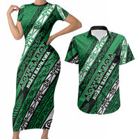 Personalised Aotearoa Ngati Raukawa Couples Matching Short Sleeve Bodycon Dress and Hawaiian Shirt New Zealand Maori Tribal Fern Pattern DT05 Green - Polynesian Pride