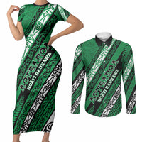Personalised Aotearoa Ngati Raukawa Couples Matching Short Sleeve Bodycon Dress and Long Sleeve Button Shirt New Zealand Maori Tribal Fern Pattern