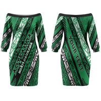 Personalised Aotearoa Ngati Raukawa Family Matching Off The Shoulder Long Sleeve Dress and Hawaiian Shirt New Zealand Maori Tribal Fern Pattern DT05 Mom's Dress Green - Polynesian Pride