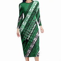 Personalised Aotearoa Ngati Raukawa Long Sleeve Bodycon Dress New Zealand Maori Tribal Fern Pattern DT05 Long Dress Green - Polynesian Pride