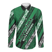 Personalised Aotearoa Ngati Raukawa Long Sleeve Button Shirt New Zealand Maori Tribal Fern Pattern DT05 Unisex Green - Polynesian Pride