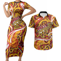 Custom Aotearoa Waikato Tainui Couples Matching Short Sleeve Bodycon Dress and Hawaiian Shirt Maori Tribal Pattern Koru Motif DT05 Yellow - Polynesian Pride