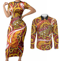 Custom Aotearoa Waikato Tainui Couples Matching Short Sleeve Bodycon Dress and Long Sleeve Button Shirt Maori Tribal Pattern Koru Motif DT05 Yellow - Polynesian Pride