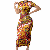 Custom Aotearoa Waikato Tainui Short Sleeve Bodycon Dress Maori Tribal Pattern Koru Motif DT05 Long Dress Yellow - Polynesian Pride