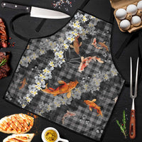 Black Palaka Hawaiian And Japanese Apron Sakura Lei With Koi Fish - Polynesian Pride