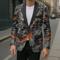 Black Palaka Hawaiian And Japanese Blazer Sakura Lei With Koi Fish - Polynesian Pride