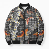 Black Palaka Hawaiian And Japanese Bomber Puffer Jacket Sakura Lei With Koi Fish - Polynesian Pride