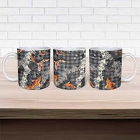 Black Palaka Hawaiian And Japanese Ceramic Mug Sakura Lei With Koi Fish - Polynesian Pride