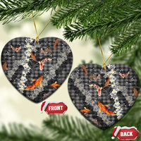 Black Palaka Hawaiian And Japanese Ceramic Ornament Sakura Lei With Koi Fish - Polynesian Pride