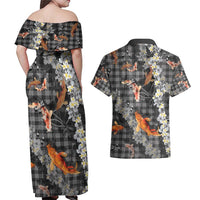 Black Palaka Hawaiian And Japanese Couples Matching Off Shoulder Maxi Dress and Hawaiian Shirt Sakura Lei With Koi Fish - Polynesian Pride