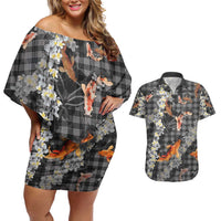 Black Palaka Hawaiian And Japanese Couples Matching Off Shoulder Short Dress and Hawaiian Shirt Sakura Lei With Koi Fish - Polynesian Pride