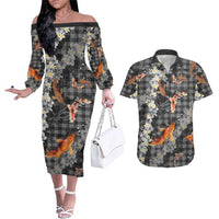 Black Palaka Hawaiian And Japanese Couples Matching Off The Shoulder Long Sleeve Dress and Hawaiian Shirt Sakura Lei With Koi Fish - Polynesian Pride