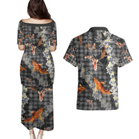 Black Palaka Hawaiian And Japanese Couples Matching Puletasi and Hawaiian Shirt Sakura Lei With Koi Fish - Polynesian Pride