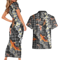 Black Palaka Hawaiian And Japanese Couples Matching Short Sleeve Bodycon Dress and Hawaiian Shirt Sakura Lei With Koi Fish - Polynesian Pride