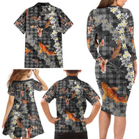 Black Palaka Hawaiian And Japanese Family Matching Long Sleeve Bodycon Dress and Hawaiian Shirt Sakura Lei With Koi Fish - Polynesian Pride