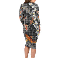 Black Palaka Hawaiian And Japanese Family Matching Long Sleeve Bodycon Dress and Hawaiian Shirt Sakura Lei With Koi Fish - Polynesian Pride