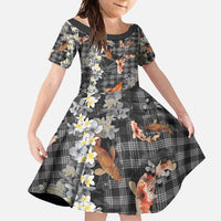 Black Palaka Hawaiian And Japanese Family Matching Off Shoulder Maxi Dress and Hawaiian Shirt Sakura Lei With Koi Fish - Polynesian Pride