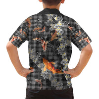 Black Palaka Hawaiian And Japanese Family Matching Off Shoulder Short Dress and Hawaiian Shirt Sakura Lei With Koi Fish - Polynesian Pride