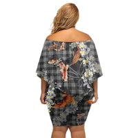 Black Palaka Hawaiian And Japanese Family Matching Off Shoulder Short Dress and Hawaiian Shirt Sakura Lei With Koi Fish - Polynesian Pride