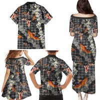 Black Palaka Hawaiian And Japanese Family Matching Puletasi and Hawaiian Shirt Sakura Lei With Koi Fish - Polynesian Pride