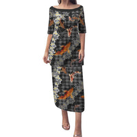 Black Palaka Hawaiian And Japanese Family Matching Puletasi and Hawaiian Shirt Sakura Lei With Koi Fish - Polynesian Pride