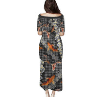 Black Palaka Hawaiian And Japanese Family Matching Puletasi and Hawaiian Shirt Sakura Lei With Koi Fish - Polynesian Pride
