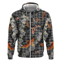Black Palaka Hawaiian And Japanese Hoodie Sakura Lei With Koi Fish DT05 Zip Hoodie Black - Polynesian Pride