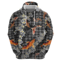 Black Palaka Hawaiian And Japanese Hoodie Sakura Lei With Koi Fish DT05 - Polynesian Pride