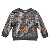 Black Palaka Hawaiian And Japanese Kid Ugly Christmas Sweater Sakura Lei With Koi Fish - Polynesian Pride