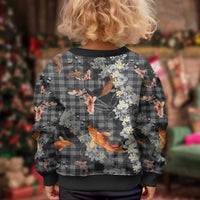 Black Palaka Hawaiian And Japanese Kid Ugly Christmas Sweater Sakura Lei With Koi Fish - Polynesian Pride