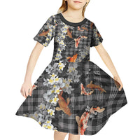 Black Palaka Hawaiian And Japanese Kid Short Sleeve Dress Sakura Lei With Koi Fish - Polynesian Pride