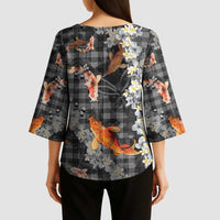 Black Palaka Hawaiian And Japanese Kimono Sleeve Blouse Sakura Lei With Koi Fish - Polynesian Pride