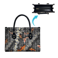Black Palaka Hawaiian And Japanese Leather Bag Sakura Lei With Koi Fish - Polynesian Pride