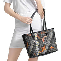 Black Palaka Hawaiian And Japanese Leather Tote Bag Sakura Lei With Koi Fish - Polynesian Pride