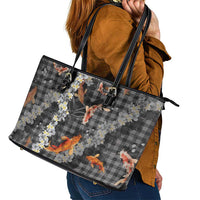 Black Palaka Hawaiian And Japanese Leather Tote Bag Sakura Lei With Koi Fish - Polynesian Pride