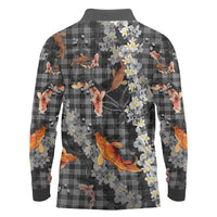 Black Palaka Hawaiian And Japanese Long Sleeve Polo Shirt Sakura Lei With Koi Fish - Polynesian Pride