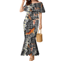Black Palaka Hawaiian And Japanese Mermaid Dress Sakura Lei With Koi Fish - Polynesian Pride