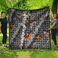 Black Palaka Hawaiian And Japanese Quilt Sakura Lei With Koi Fish - Polynesian Pride