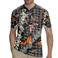 Black Palaka Hawaiian And Japanese Rugby Jersey Sakura Lei With Koi Fish - Polynesian Pride