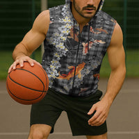 Black Palaka Hawaiian And Japanese Sleeveless Zip Hoodie Sakura Lei With Koi Fish - Polynesian Pride