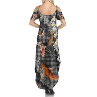 Black Palaka Hawaiian And Japanese Summer Maxi Dress Sakura Lei With Koi Fish - Polynesian Pride