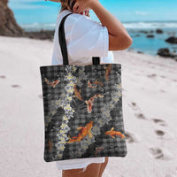 Black Palaka Hawaiian And Japanese Tote Bag Sakura Lei With Koi Fish DT05 - Polynesian Pride