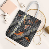 Black Palaka Hawaiian And Japanese Tote Bag Sakura Lei With Koi Fish DT05 White Strap One Size Black - Polynesian Pride