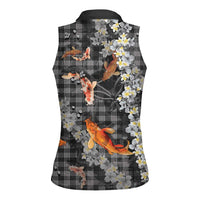 Black Palaka Hawaiian And Japanese Women Sleeveless Polo Shirt Sakura Lei With Koi Fish - Polynesian Pride