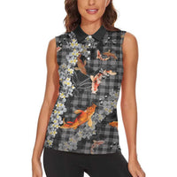 Black Palaka Hawaiian And Japanese Women Sleeveless Polo Shirt Sakura Lei With Koi Fish - Polynesian Pride