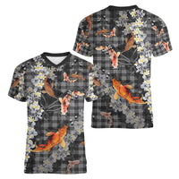 Black Palaka Hawaiian And Japanese Women V-Neck T-Shirt Sakura Lei With Koi Fish - Polynesian Pride