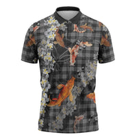 Black Palaka Hawaiian And Japanese Zipper Polo Shirt Sakura Lei With Koi Fish DT05 Black - Polynesian Pride