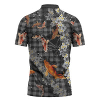 Black Palaka Hawaiian And Japanese Zipper Polo Shirt Sakura Lei With Koi Fish DT05 - Polynesian Pride