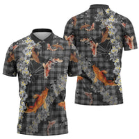 Black Palaka Hawaiian And Japanese Zipper Polo Shirt Sakura Lei With Koi Fish DT05 - Polynesian Pride